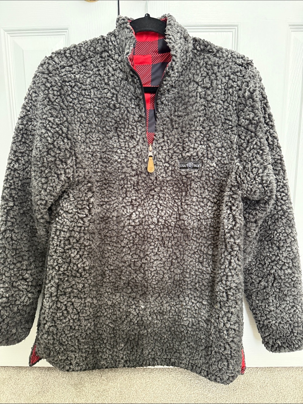 Men's Gray Reversible Sherpa Quarter-Zip Pullover Jacket with Red Plaid Trim
